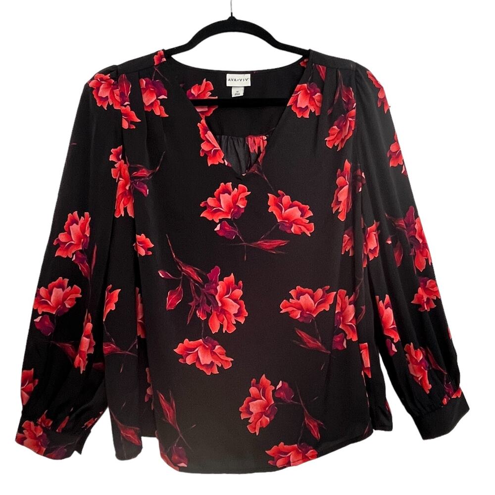 Ava & Viv Womens Top 1X Long Sleeve Blouse Floral Print V-Neck Pullover